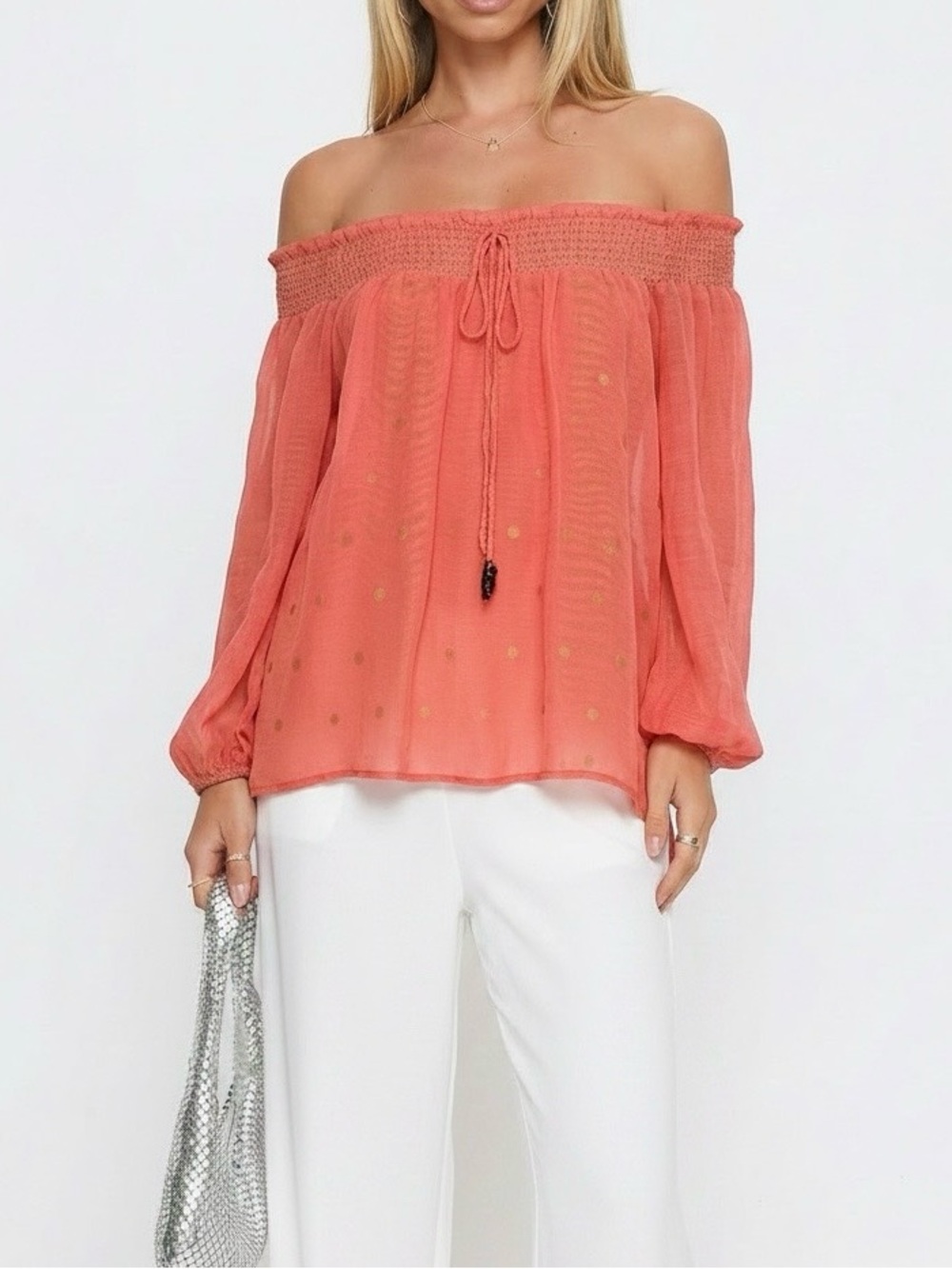 H&M sheer Coral Off-Shoulder Peasant Blouse